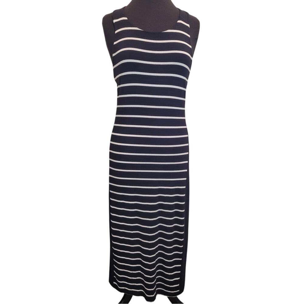 Athleta Getaway Midi Dress M Black White Stripe Crossback Travel Coastal